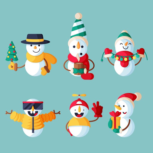 Paquete de ilustración de personaje de muñeco de nieve de diseño plano