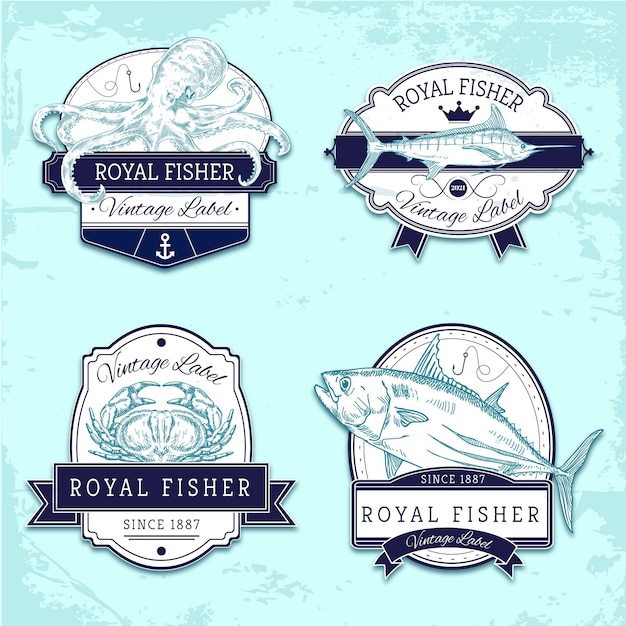 Vector gratuito paquete de insignias de pesca vintage