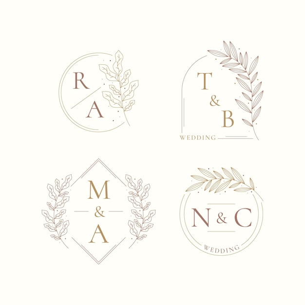 Paquete de logotipo de boda de diseño plano lineal