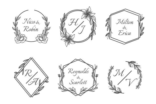 Paquete de logotipo de monograma de boda dibujado a mano
