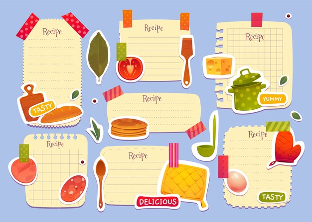 Paquete de notas de recetas de dibujos animados