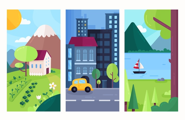 Vector gratuito paquete de paisaje diferente de diseño plano