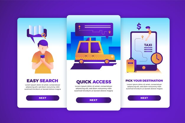 Paquete de pantallas de la aplicación de incorporación del servicio de taxi