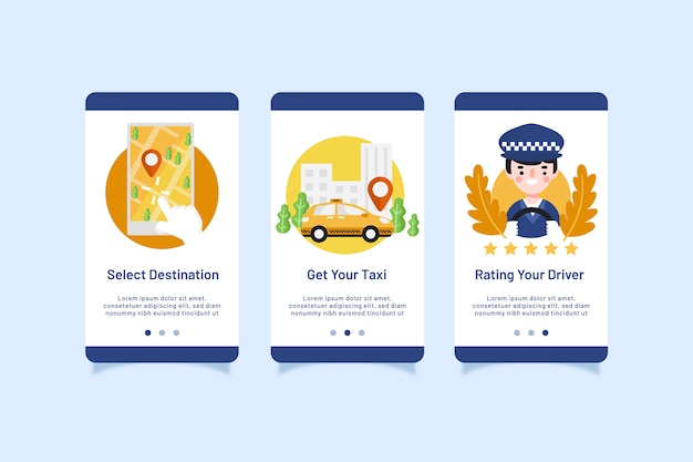 Vector gratuito paquete de pantallas de la aplicación de incorporación del servicio de taxi
