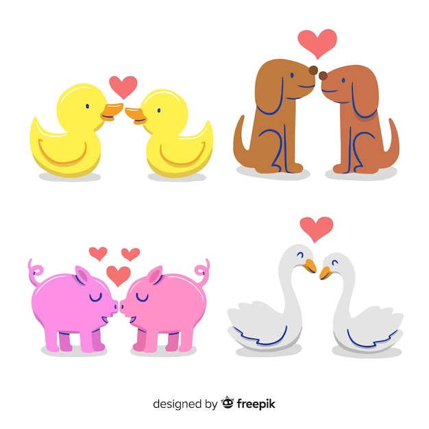 Vector gratuito paquete parejas de animales besándose  san valentín