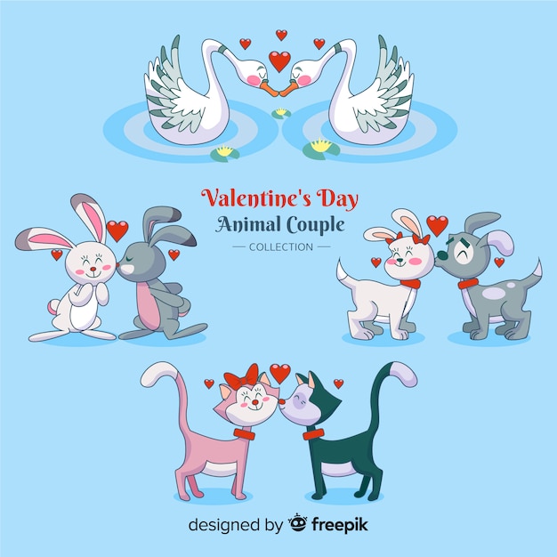 Paquete parejas de animales día de san valentín dibujos animados