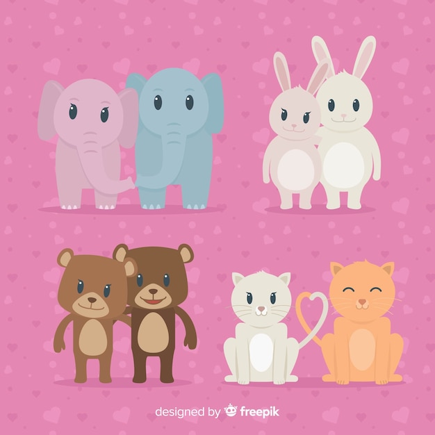 Vector gratuito paquete parejas animales día de san valentín planas