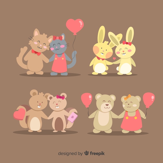 Vector gratuito paquete parejas de animales con globos san valentín