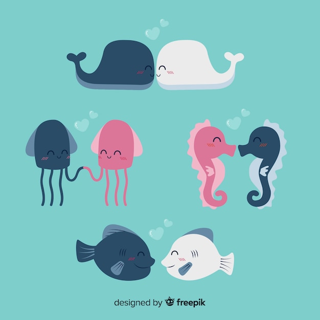 Vector gratuito paquete parejas de animales marinos san valentín