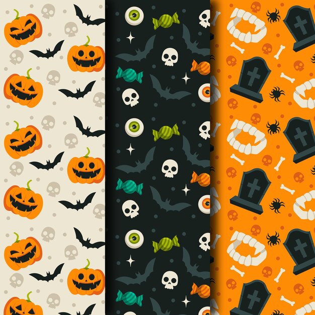 Paquete de patrones de halloween de diseño plano