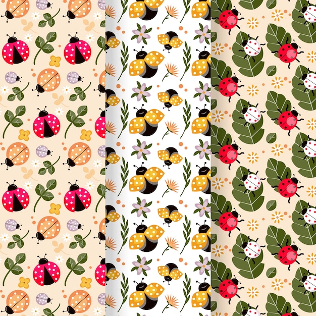 Paquete de patrones de mariquita de diseño plano