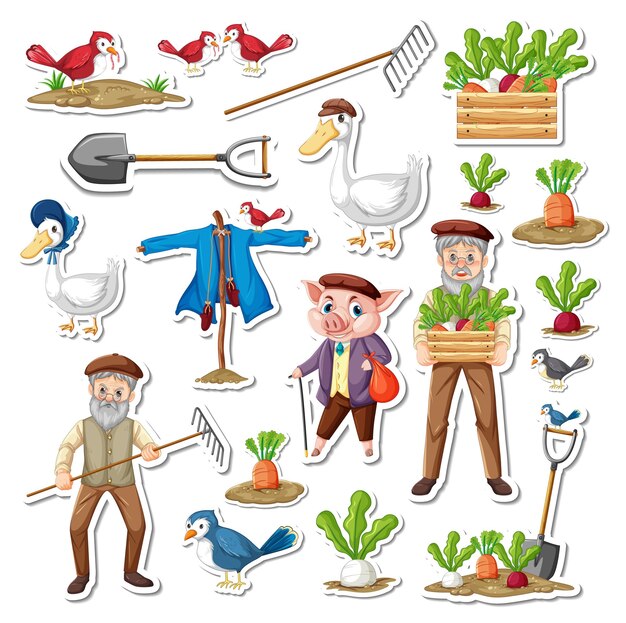 Paquete de pegatinas de objetos de granja y personajes de dibujos animados de viejos granjeros