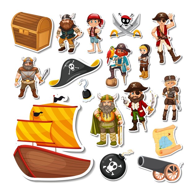Paquete de pegatinas de personajes y objetos de dibujos animados piratas