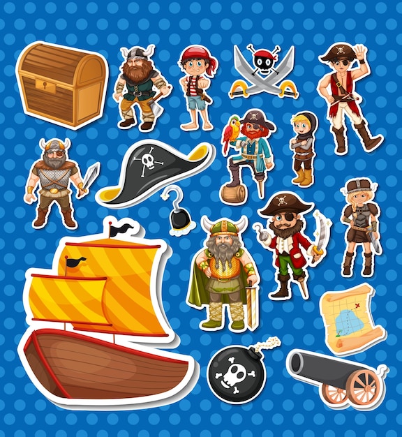 Vector gratuito paquete de pegatinas de personajes y objetos de dibujos animados piratas