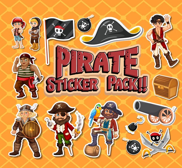 Paquete de pegatinas de personajes y objetos de dibujos animados piratas