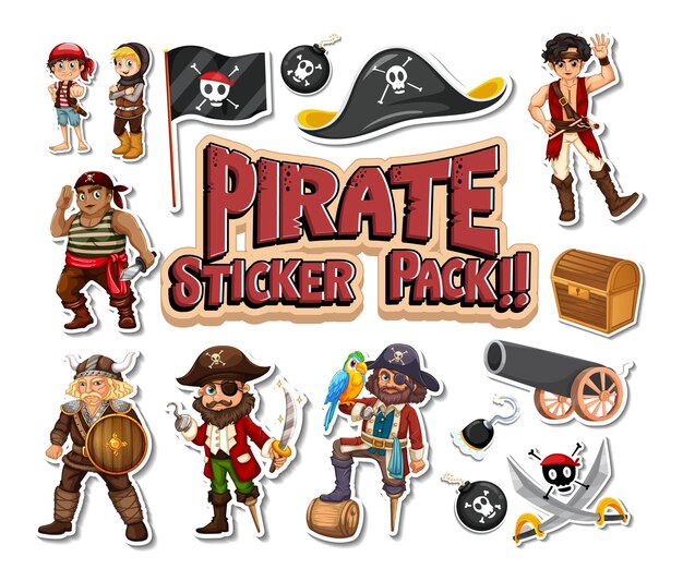 Paquete de pegatinas de personajes y objetos de dibujos animados piratas