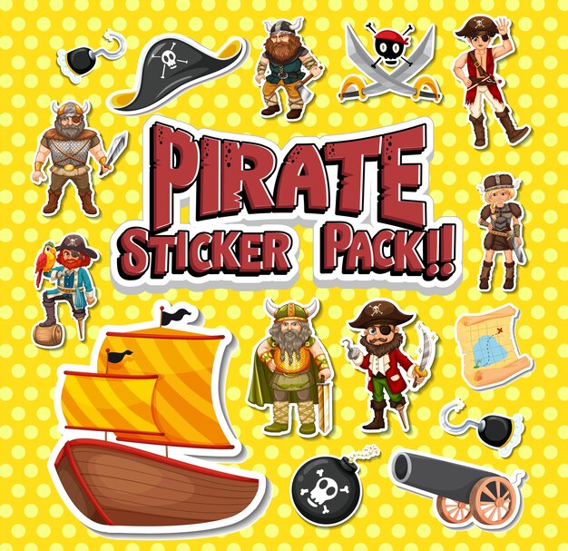 Paquete de pegatinas de personajes y objetos de dibujos animados piratas