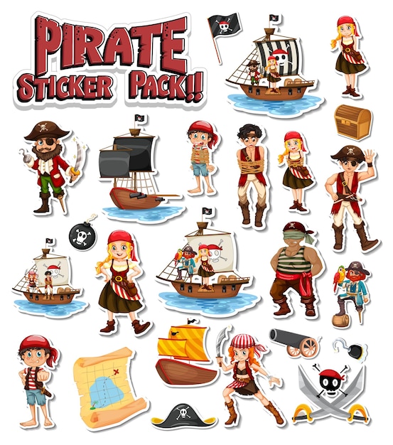 Vector gratuito paquete de pegatinas piratas con personaje de dibujos animados aislado