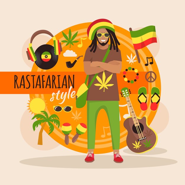Paquete de personaje masculino rastafari con accesorios y objetos elegantes
