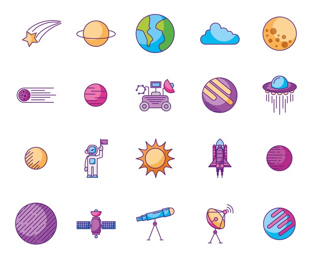 Paquete de planetas e íconos espaciales