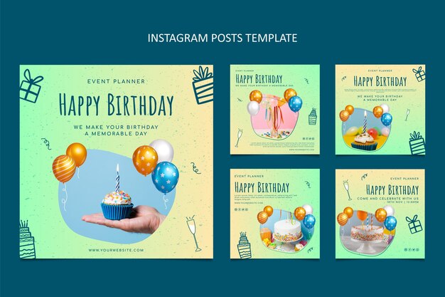 Paquete de publicaciones de cumpleaños con textura degradada