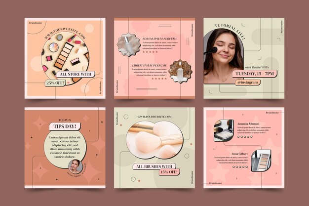 Paquete de publicaciones de instagram de belleza plana lineal