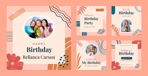 Paquete de publicaciones de instagram de celebración de cumpleaños dibujadas a mano