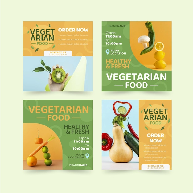 Vector gratuito paquete de publicaciones de instagram de comida vegetariana plana