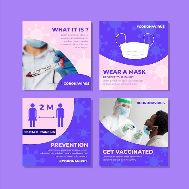 Paquete de publicaciones de instagram de coronavirus plano orgánico