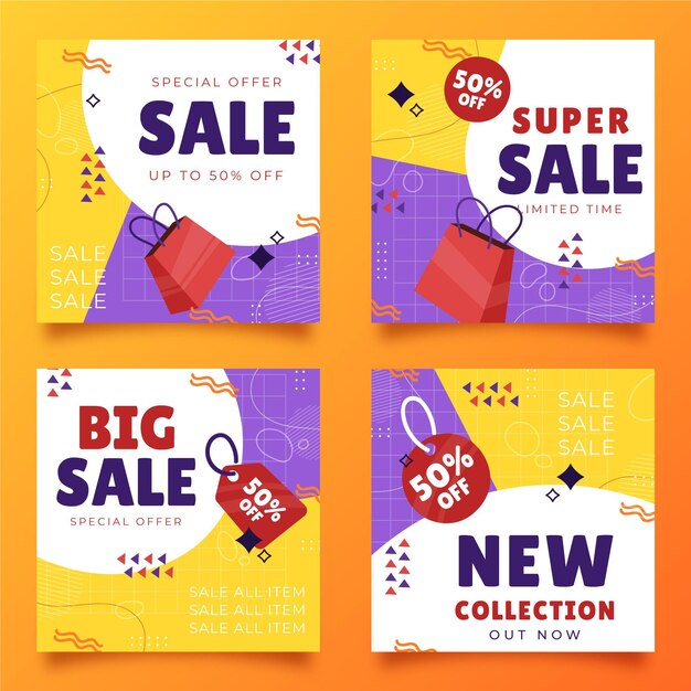 Paquete de publicaciones de instagram de rebajas dibujadas a mano