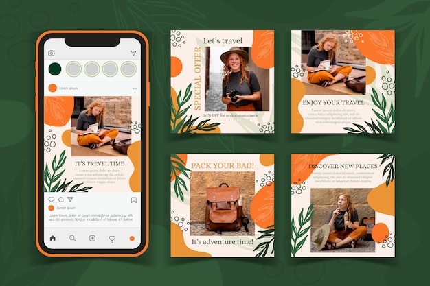 Vector gratuito paquete de publicaciones de instagram de viajes dibujados a mano