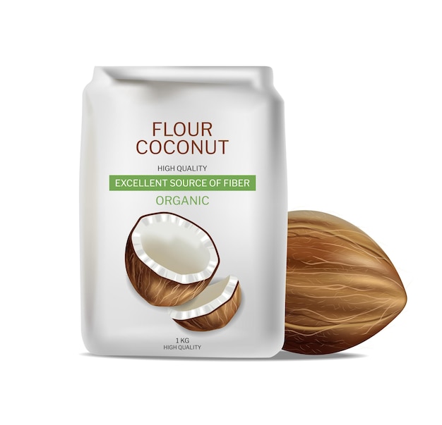 Paquete realista de vector de harina de coco. Colocación de productos simulacro de diseños de etiquetas detallados