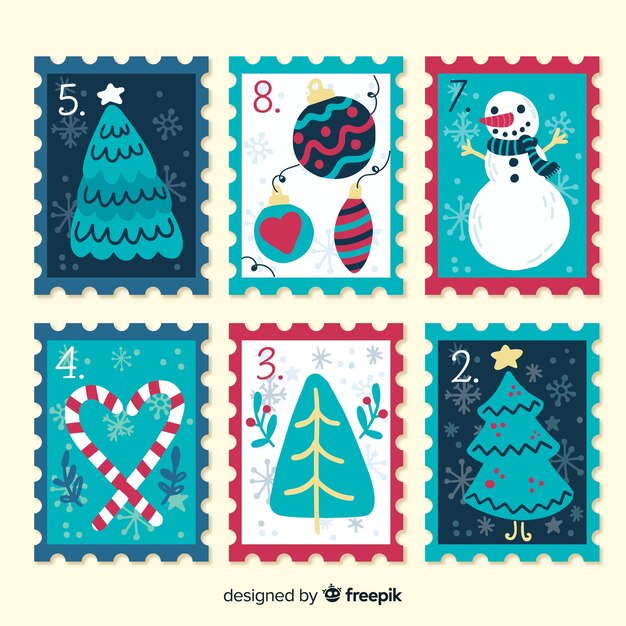 Paquete sellos navidad coloridos dibujados a mano