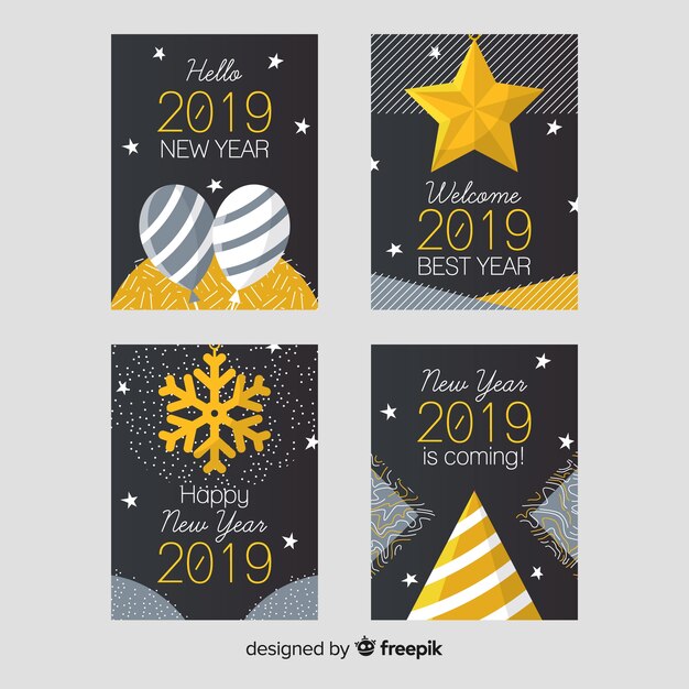 Paquete tarjetas año nuevo decoración dorada