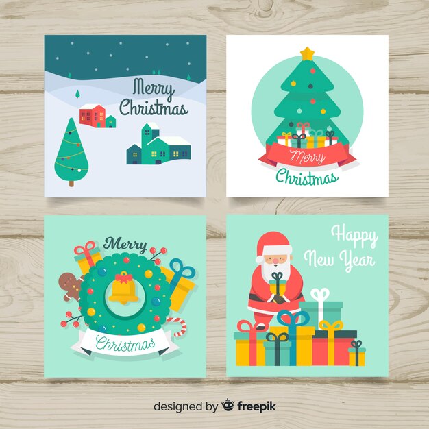 Paquete tarjetas año nuevo escenas planas