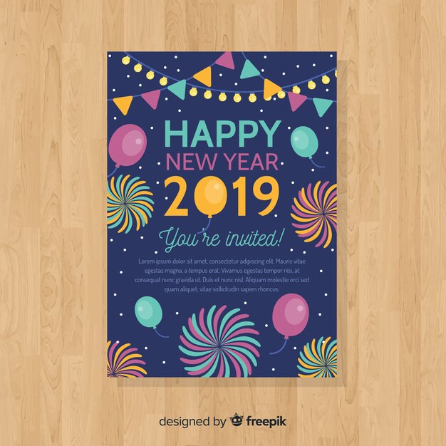 Paquete tarjetas año nuevo fuegos artificiales coloridos planos