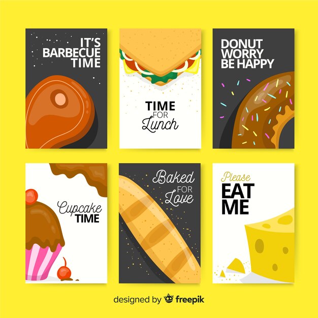 Paquete tarjetas comida deliciosa dibujada a mano