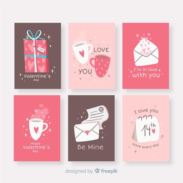 Paquete tarjetas elementos día de san valentín dibujadas a mano