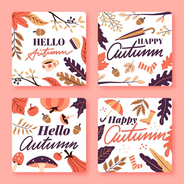 Paquete de tarjetas de otoño de diseño plano