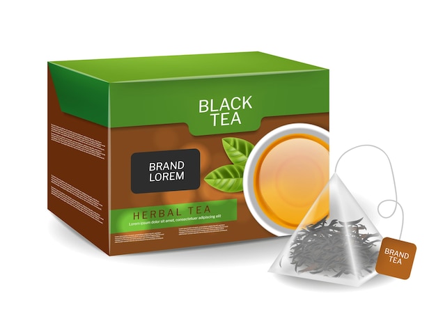 Paquete de té negro en bolsas triangulares infusión Bebida realista de vector de hierbas orgánicas