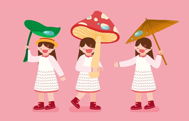 Vector gratuito paquete con tres niñas sosteniendo hojas, setas y paraguas en día lluvioso sobre fondo rosa en personaje de dibujos animados