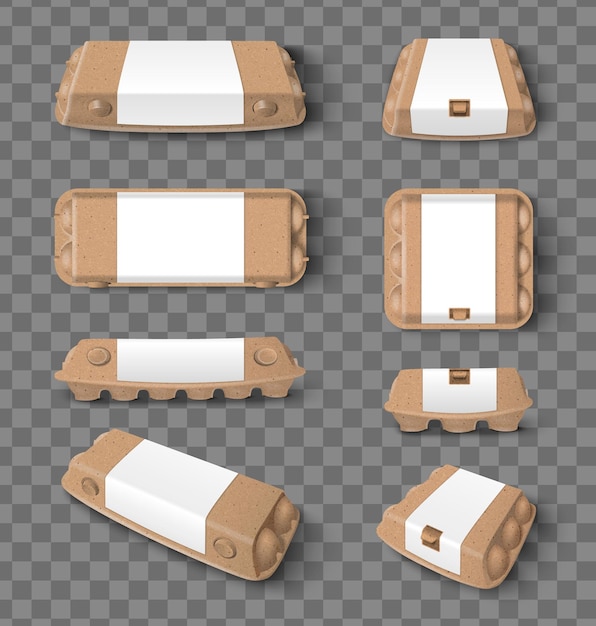 Paquetes de huevos de cartón en blanco de maqueta realista de diferentes tamaños vistas frontales laterales superiores aisladas en la ilustración de vector de fondo transparente