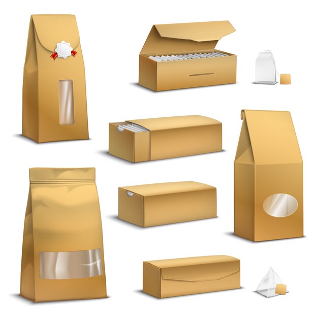 Paquetes de té de papel Kraft realistas
