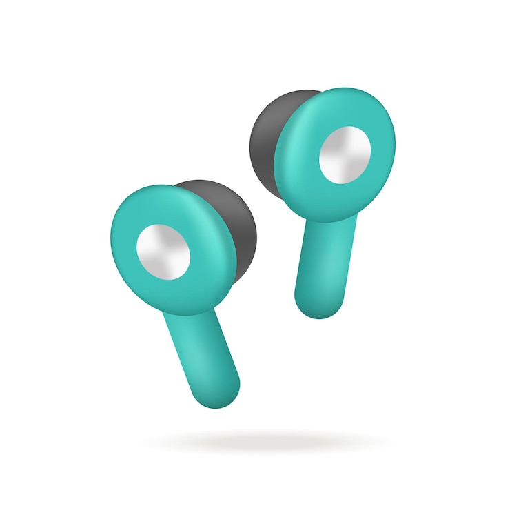 Vector gratuito par de ilustración 3d de auriculares inalámbricos azules. dibujo de dibujos animados de equipos o dispositivos para escuchar música por teléfono o computadora en estilo 3d sobre fondo blanco. música, tecnología, concepto de medios.
