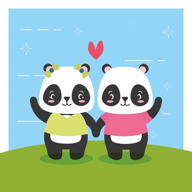 Par de osos panda, animales lindos, estilo plano y de dibujos animados, ilustración