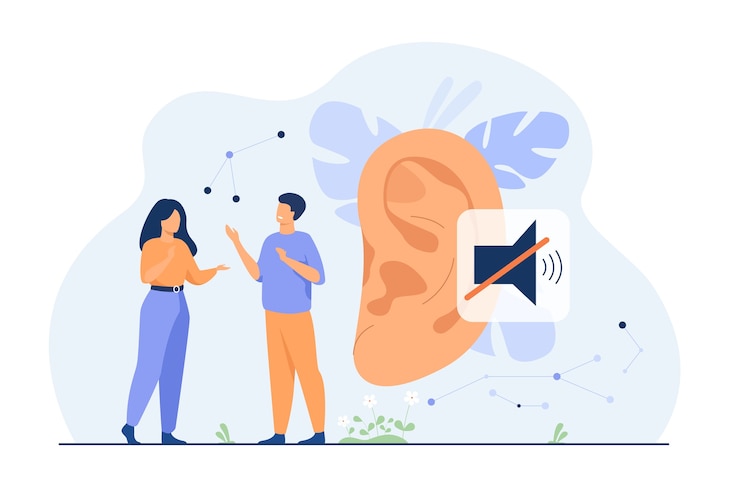 Vector gratuito par de personas sordas hablando con gestos con las manos, oído enorme y mudo firmar en segundo plano. ilustración de vector de pérdida auditiva, comunicación, concepto de lenguaje de señas