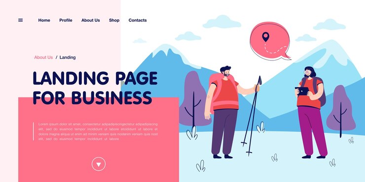 Vector gratuito par trazar la ruta de senderismo. un par de excursionistas con tableta pensando en caminar hasta la cima de la montaña. concepto de actividad al aire libre para banner, diseño de sitio web o página web de inicio