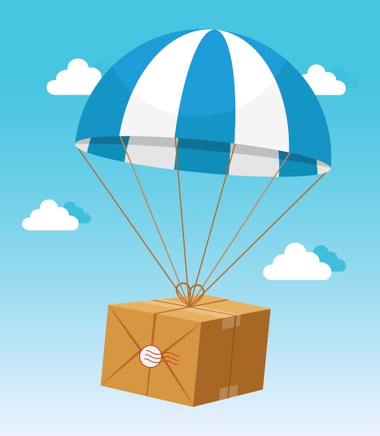 Vector gratuito paracaídas azul y blanco con caja de cartón de entrega sobre fondo de cielo azul claro