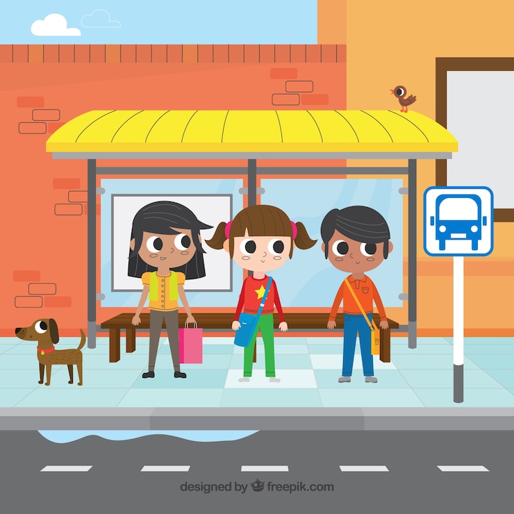 Vector gratuito parada de autobús con gente con diseño plano