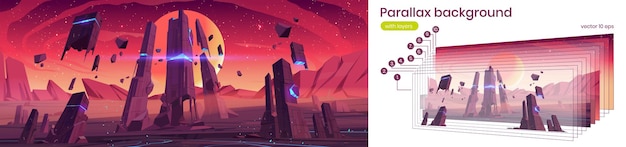 Parallax background alien planeta superficie futurista paisaje 2d. Escena de juego de fantasía de dibujos animados con rocas voladoras brillantes y cielo rojo estrellado, capas separadas para animación de interfaz de usuario, gráfico de desplazamiento de diapositivas vectorial